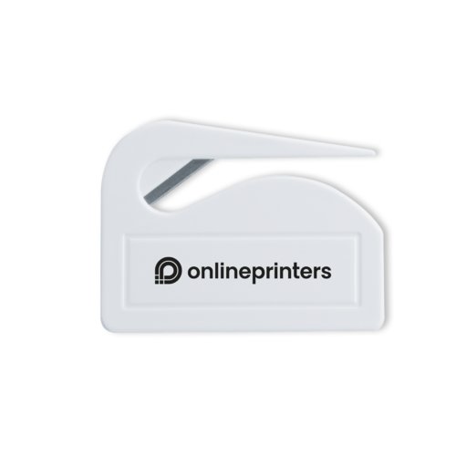 Ouvre-lettre blanc en plastique avec lame mtallique intgre.