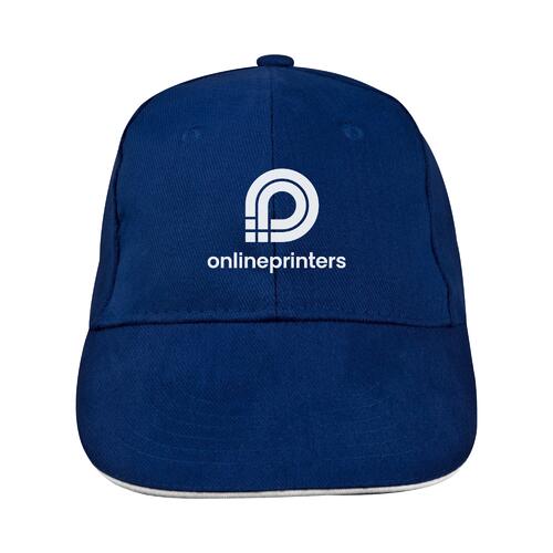 Casquette de baseball en tissu bleu fonc� � six panneaux.