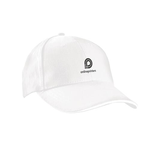 Casquette de baseball blanche � six panneaux avec sangle r�glable.