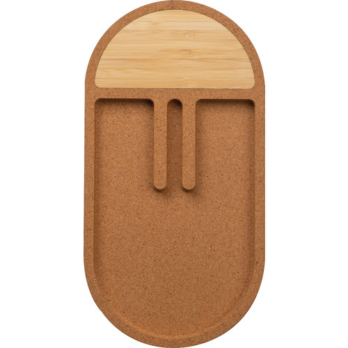 Organisateur de bureau beige en lige et bambou avec compartiments.