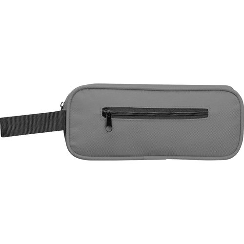 Trousse grise en RPET avec fermeture clair et boucle de transport.