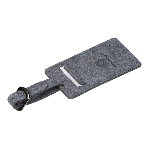 tiquette de bagage en feutre gris avec boucle et fentre transparente.
