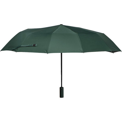 Parapluie de poche vert fonc avec housse et poigne.