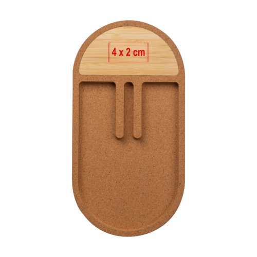Organisateur de bureau en lige et bambou avec compartiments de rangement.