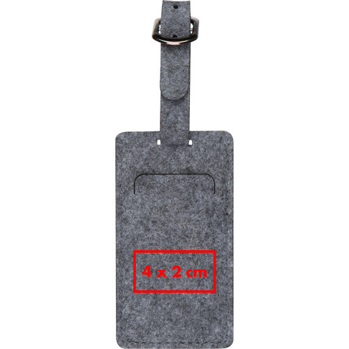 tiquette de bagage en feutre gris avec boucle en mtal et fente.