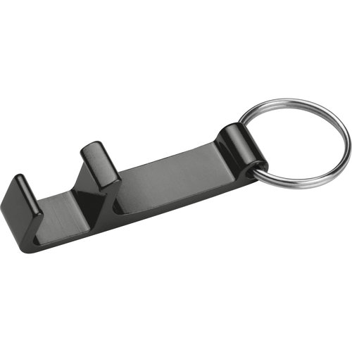 Porte-cls noir en mtal avec ouvre-bouteille et anneau.