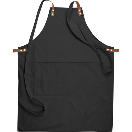 Tablier noir en tissu avec bretelles rglables et poche plaque.