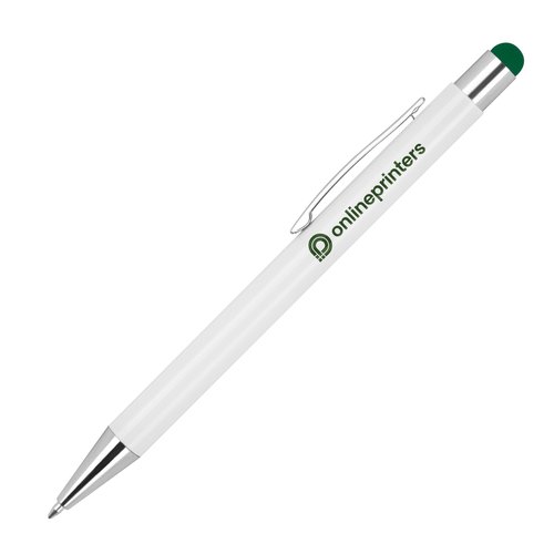 Stylo  bille en mtal blanc avec fonction stylet tactile et clip.