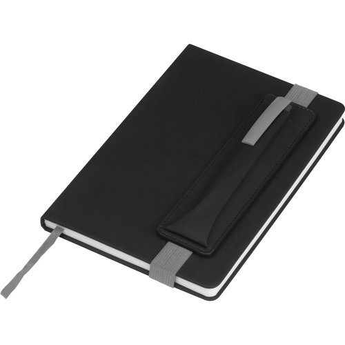 Carnet gris avec boucle pour stylo et lastique.