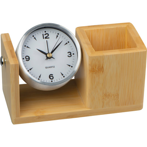 Pot  crayons en bambou beige avec horloge intgre.