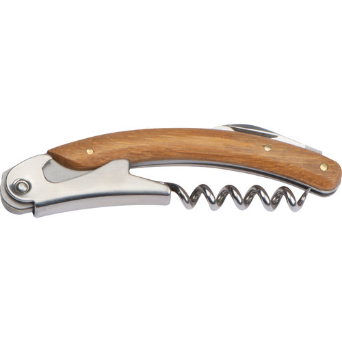 Couteau de sommelier en bois beige avec ouvre-bouteille et tire-bouchon.