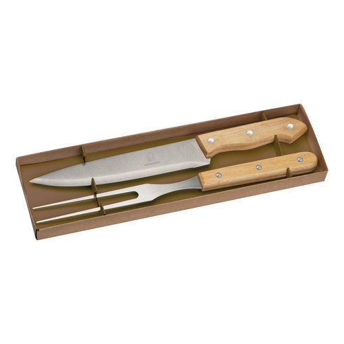 Fourchette  viande beige en acier inoxydable avec manche.
