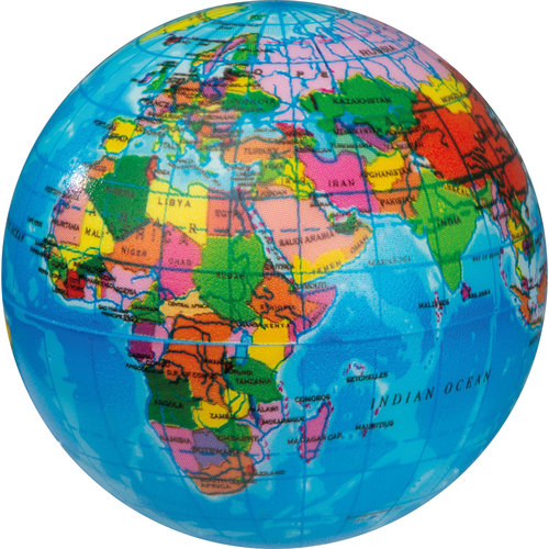 Balle anti-stress multicolore en mousse en forme de globe.