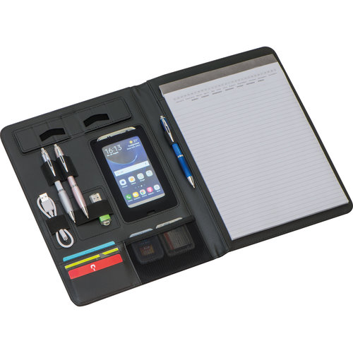 Confrencier noir avec divers compartiments et porte-stylo.