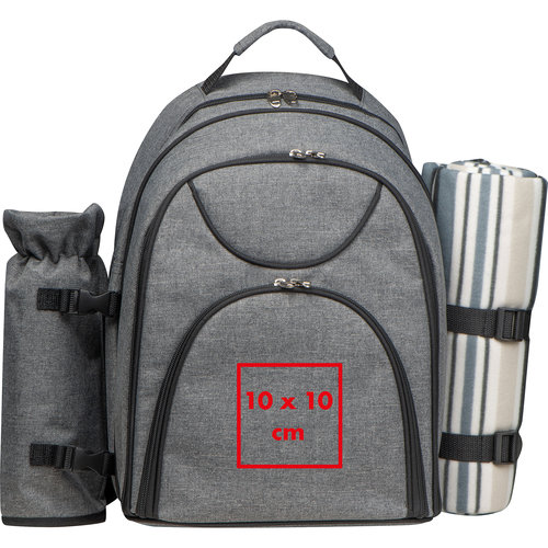 Sac  dos de pique-nique gris avec porte-bouteille et support de couverture.