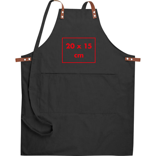 Tablier en tissu noir avec poche plaque et tour de cou rglable.