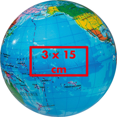 Balle anti-stress bleue avec impression de carte du monde.
