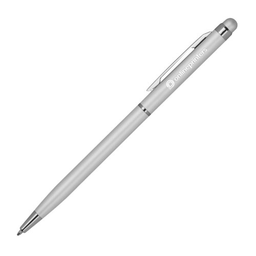 Stylo  bille en mtal argent avec stylet tactile et clip.