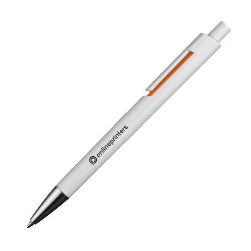 Stylo  bille orange en plastique avec clip et bouton-poussoir.