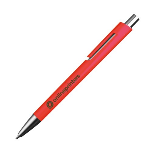 Stylo  bille rouge en plastique avec clip et bouton poussoir.