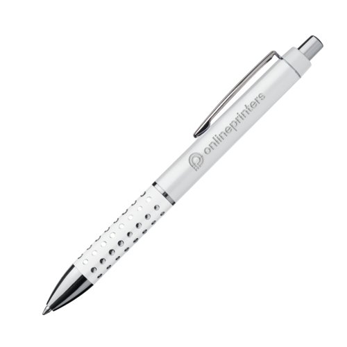 Stylo  bille en plastique blanc avec clip et bouton-poussoir.