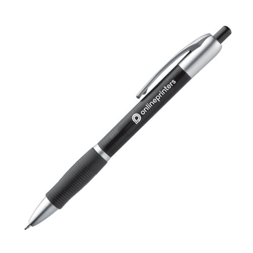 Stylo  bille en plastique noir avec dtails en mtal et clip.
