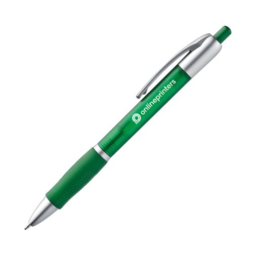 Stylo  bille vert en plastique avec clip et bouton-poussoir.