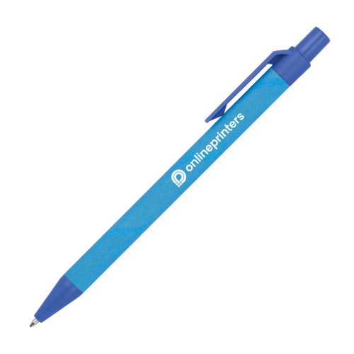 Stylo  bille bleu en papier avec clip et mcanisme  pression.