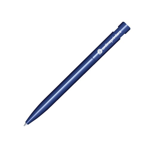 Stylo  bille en plastique bleu fonc avec finition brillante et bouton-poussoir.
