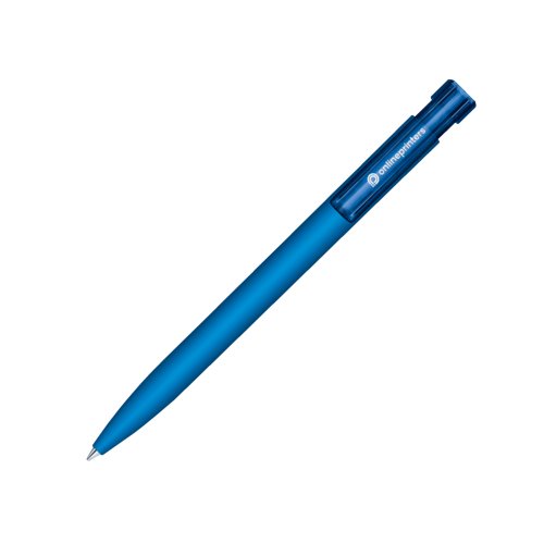 Stylo  bille bleu avec mcanisme  poussoir et surface douce au toucher.