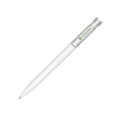 Stylo  bille blanc avec mcanisme poussoir et clip.
