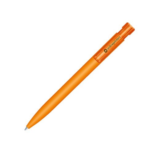 Stylo  bille orange avec mcanisme  bouton-poussoir et surface douce.