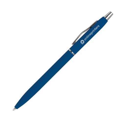 Stylo  bille en mtal bleu avec clip et bouton-poussoir.