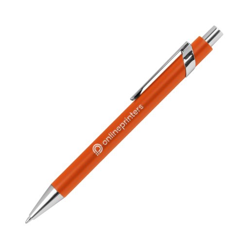 Stylo  bille orange en mtal avec motif, clip et mcanisme  pression.