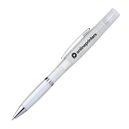 Stylo  bille en plastique blanc avec atomiseur et clip.