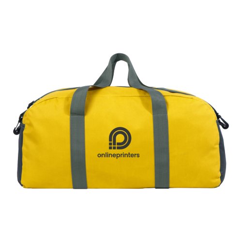 Sac de sport jaune en tissu avec fermeture clair et poignes.