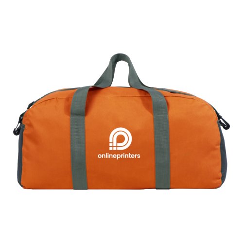Sac de sport orange en tissu avec poignes et fermeture clair.