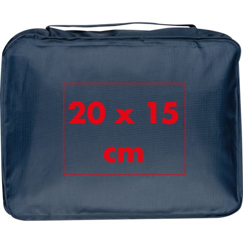 Set de voyage bleu avec poigne de transport et plusieurs compartiments.