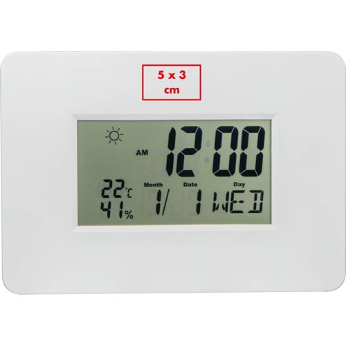 Horloge murale blanche avec affichage numrique.