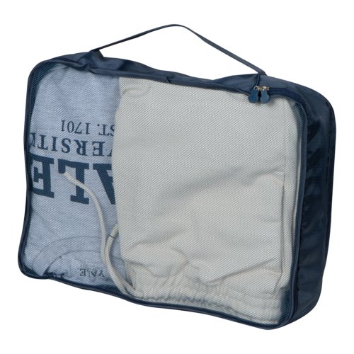 Ensemble de voyage en textile bleu fonc, 4 pices, avec fermeture clair et poigne.