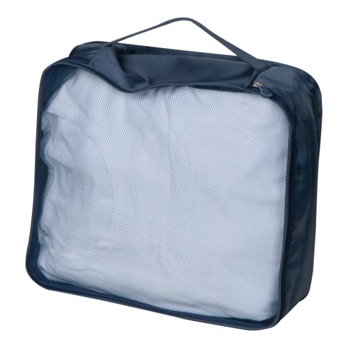 Ensemble de voyage en tissu bleu fonc, quatre pices avec poigne et fermeture clair.