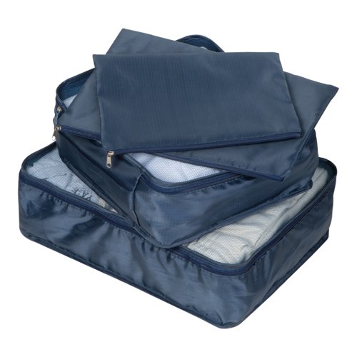 Ensemble de voyage textile bleu fonc, 4 pices, avec fermetures clair.