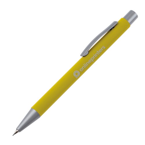 Porte-mine jaune avec clip et bouton-poussoir.