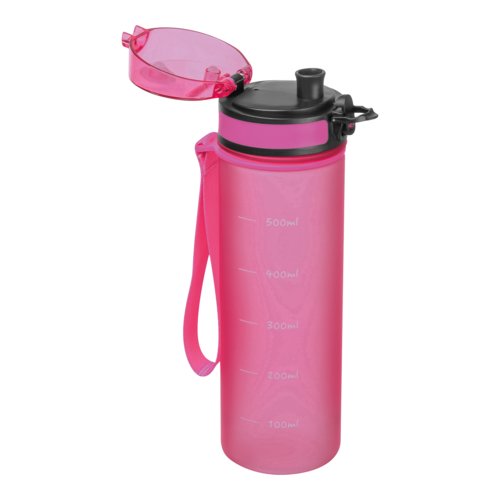 Bouteille rose en tritan avec dragonne et fermeture.