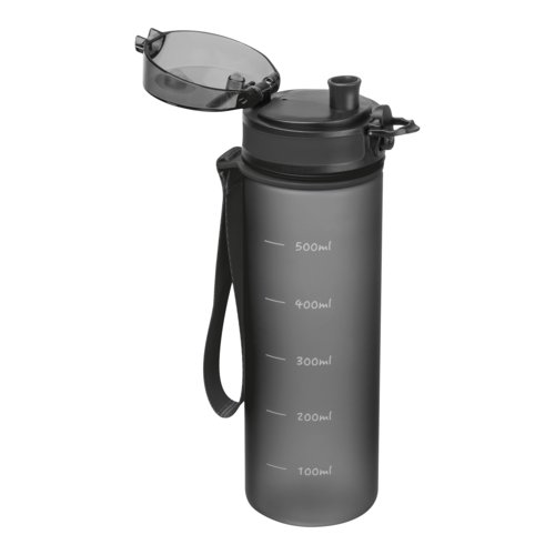 Bouteille d'eau noire en Tritan avec bouchon  vis et boucle de transport.