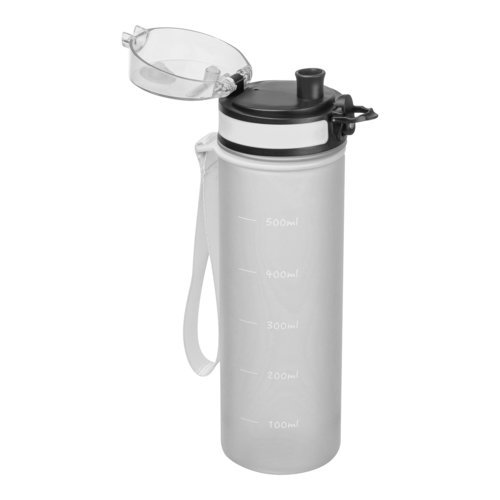 Bouteille d'eau transparente en Tritan avec boucle de transport et motif.