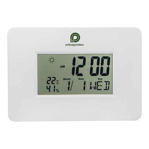 Horloge murale blanche avec affichage numrique.
