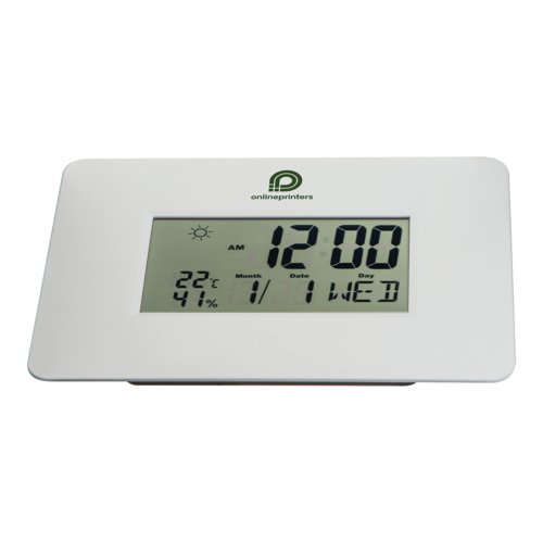 Horloge de bureau blanche avec affichage numrique.