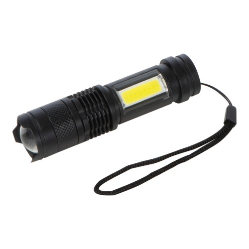 Lampe de poche noire rechargeable avec dragonne.