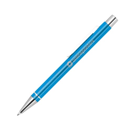 Stylo gel turquoise avec clip et mcanisme  poussoir.